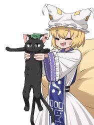 1girl :3 :d absurdres animal_ear_fluff animal_ear_piercing arms_up asakura_haru blonde_hair blue_tabard cat_tail chen chen_(cat) closed_eyes commentary_request double-parted_bangs dress earrings fox_tail hair_between_eyes happy hat highres jewelry long_sleeves mob_cap multiple_tails nekomata open_mouth short_hair simple_background single_earring smile solo tabard tail touhou two_tails white_background white_dress wide_sleeves yakumo_ran