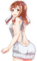 Rule 34 | 10s, 1girl, ass, backless outfit, bare back, blush, breasts, brown hair, butt crack, cowboy shot, kunikida hanamaru, long hair, looking at viewer, love live!, love live! sunshine!!, medium breasts, meme attire, sideboob, simple background, solo, sweater, syuurin, turtleneck, turtleneck sweater, virgin killer sweater, white background, yellow eyes