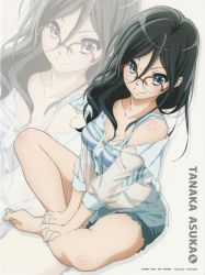 Rule 34 | 10s, 1girl, barefoot, black hair, blue eyes, blush, breasts, buttons, character name, denim, denim shorts, feet, glasses, hands on feet, hibike! euphonium, highres, ikeda shouko, indian style, long hair, looking at viewer, non-web source, off shoulder, official art, red-framed eyewear, scan, see-through, semi-rimless eyewear, shorts, sitting, smile, solo, tanaka asuka, toes, zoom layer