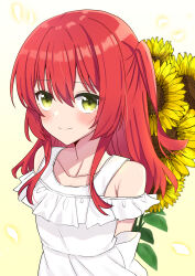 Rule 34 | 1girl, absurdres, ao (flowerclasse), arms behind back, bare shoulders, bocchi the rock!, brown background, closed mouth, collarbone, commentary request, dress, flower, hair between eyes, highres, kita ikuyo, long hair, looking at viewer, one side up, petals, red hair, smile, solo, sunflower, white dress, yellow eyes, yellow flower