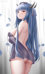 Rule 34 | 1girl, artist name, ass, azur lane, backless dress, backless outfit, bare shoulders, black bow, black dress, blue eyes, blue hair, bow, breasts, commentary, commentary request, cowboy shot, dress, english commentary, eye trail, from side, hair bow, heterochromia, highres, horns, ibuki (azur lane), ibuki (tranquil sunya) (azur lane), large breasts, light trail, long hair, looking at viewer, looking to the side, mixed-language commentary, off shoulder, official alternate costume, open mouth, paid reward available, petals, polka dot, polka dot dress, red eyes, short dress, solo, standing, togare, very long hair, watermark, web address
