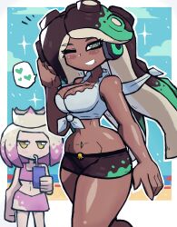 Rule 34 | 2girls, absurdres, beach, bikini, bikini skirt, black hair, black shorts, blush, breasts, cleavage, cloud, collarbone, crown, cup, dark skin, drinking, drinking straw, flat chest, green eyes, green hair, grey shirt, grin, headphones, heart, heart-shaped pupils, highres, holding, large breasts, long hair, looking at viewer, marina (splatoon), midriff, mole, mole under mouth, multicolored hair, multiple girls, navel, navel piercing, nintendo, ocean, octoling, octopus girl, one eye closed, pearl (splatoon), piercing, pink bikini, pink hair, sand, shirt, shorts, sky, sleeveless, sleeveless shirt, smile, sparkle, speech bubble, splatoon (series), splatoon 2, spoken heart, squid girl, suction cups, swimsuit, symbol-shaped pupils, teeth, tentacle hair, tentacles, tony welt, water, white hair, wide sleeves, wink, yellow eyes