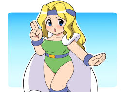 Rule 34 | 1girl, armor, belt, blonde hair, blue eyes, blue headband, breasts, cape, celes chere, final fantasy, final fantasy vi, green leotard, headband, highleg, highleg leotard, highres, leotard, long hair, medium breasts, parted bangs, shoulder pads, wavy hair, white cape, yume yoroi