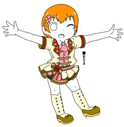 Rule 34 | 1girl, artist name, artist request, bare legs, blush, checkered clothes, checkered skirt, chibi, collared shirt, dress, female focus, flower, frilled dress, frills, full body, green eyes, hair between eyes, hair flower, hair ornament, highres, hoshizora rin, light brown shirt, light brown skirt, looking at viewer, love live!, love live! school idol festival, love live! school idol festival all stars, love live! school idol project, one eye closed, orange hair, outstretched arms, parted lips, pink flower, pink neckwear, pink ribbon, pupeto1847, red skirt, ribbon, shirt, shoes, short hair, skirt, smile, solo, white background, white shirt, white skirt, yellow eyes, yellow flower, yellow footwear