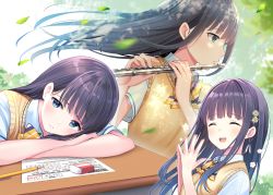 Rule 34 | 1girl, :d, ^ ^, black hair, blue eyes, blush, bow, closed eyes, closed mouth, collared shirt, commentary request, copyright request, crossed arms, desk, diagonal-striped bow, eraser, floating hair, flute, hands up, highres, holding, holding instrument, instrument, long hair, mechanical pencil, multiple views, nail polish, official art, open mouth, pencil, pink nails, school desk, school uniform, shirt, smile, steepled fingers, sweater vest, u rin, very long hair, white shirt