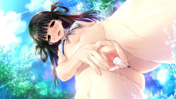 Rule 34 | 1girl, bikini, bikini top only, bottomless, bra, brown hair, clitoral hood, clitoris, clochette, cloud, cum, cum in pussy, cumdrip, decensored, forest, from below, game cg, haruru minamo ni!, lens flare, long hair, nature, navel, no panties, one eye closed, outdoors, presenting, pussy, pussy juice, pussy juice trail, shintarou, sky, smile, solo, spread legs, spread pussy, swimsuit, third-party edit, tree, uncensored, underwear, urethra, water, wet, yamagami miori