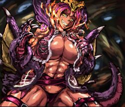 Rule 34 | 1girl, abs, anjanath, breasts, claws, dark-skinned female, dark skin, dragon girl, grin, highres, japanese clothes, large breasts, looking at viewer, looking down, monster girl, monster hunter (series), multicolored hair, panties, personification, revealing clothes, smile, solo, stomach, tail, thick thighs, thighs, udetamago, underwear, wings, yellow eyes