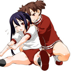 Rule 34 | 2girls, ;o, assisted stretching, black hair, brown eyes, brown hair, buruma, exercising, hands on shoulders, jacket, k-on!, long hair, multiple girls, nakano azusa, one eye closed, red eyes, shinama, shoes, short hair, short twintails, simple background, stretching, suzuki jun, track jacket, twintails, uwabaki, white background, wink