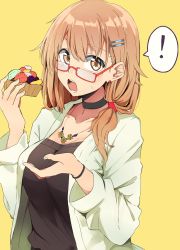 Rule 34 | !, 1girl, absurdres, black neckwear, black shirt, blush, bracelet, brown eyes, brown hair, collarbone, commentary request, earrings, food, fruit, glasses, hair ornament, hair tie, hairclip, highres, holding, holding food, jewelry, kazenoko, kiwi (fruit), long hair, looking at viewer, necklace, open mouth, original, piercing, shirt, simple background, solo, strawberry, sweat, yellow background