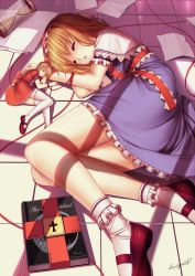 Rule 34 | 2girls, alice in wonderland, alice margatroid, artist request, book, capelet, dress, highres, hourai doll, hourglass, legs, multiple girls, paper, shoes, sleeping, socks, thighhighs, touhou, white legwear