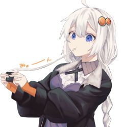 Rule 34 | 1girl, ahoge, black jacket, blue eyes, bomber jacket, braid, commentary, dress, elbow gloves, food, gloves, grey dress, grey hair, half gloves, highres, holding, holding food, jacket, kizuna akari, long hair, mochi, orange gloves, outstretched arms, simple background, solo, stretching, translated, twin braids, upper body, very long hair, vocaloid, voiceroid, white background, yuu 0024