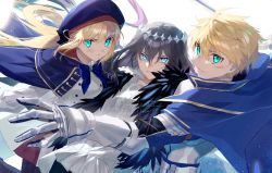 Rule 34 | 1girl, 2boys, ahoge, armor, arthur pendragon (fate), artoria caster (fate), artoria caster (second ascension) (fate), artoria pendragon (fate), black bow, blonde hair, blouse, blue bow, blue cape, blue eyes, blue headwear, bow, bowtie, brooch, buttons, cape, cloak, closed mouth, commentary request, diamond hairband, dress, dress shirt, excalibur (fate/prototype), fate/grand order, fate/prototype, fate (series), floating hair, fur-trimmed cloak, fur trim, gauntlets, gold trim, green eyes, grey hair, hair between eyes, hair bow, hair ornament, hairband, hat, highres, holding, holding person, holding sword, holding weapon, injury, jewelry, knight, long hair, long sleeves, looking at viewer, medium hair, multiple boys, oberon (fate), oberon (third ascension) (fate), outstretched arm, parted lips, serious, shirt, short hair, sidelocks, signature, simple background, spoilers, sword, teeth, tsuyukusa (eeta7273), twintails, twitter username, upper body, weapon, white background, white dress, white shirt