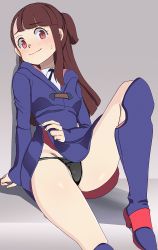 Rule 34 | 1girl, arm support, aruman, bad id, bad pixiv id, black panties, black socks, blush, boots, breasts, brown hair, closed mouth, clothes lift, dress, dress lift, grey background, groin, kagari atsuko, knee boots, kneehighs, lifting own clothes, little witch academia, long hair, looking at viewer, luna nova school uniform, panties, red eyes, school uniform, shadow, shiny skin, simple background, small breasts, smile, socks, solo, sweat, underwear, witch