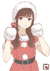 Rule 34 | 1girl, animification, artist name, belt, belt buckle, black belt, black eyes, bow, brown hair, buckle, commentary request, dress, earrings, fur-trimmed dress, fur-trimmed headwear, fur gloves, fur trim, gloves, gochisousama (tanin050), hair bow, hands up, hat, highres, ishitobi erika, jewelry, long hair, looking at viewer, necklace, parted lips, paw pose, photo-referenced, pom pom (clothes), real life, red bow, red dress, red hat, santa hat, short sleeves, simple background, smile, solo, standing, upper body, voice actor, white background, white gloves