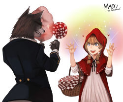 Rule 34 | animal ears, bad id, bad pixiv id, basket, big bad wolf, blonde hair, braid, cotton candy, dress, glasses, highres, little red riding hood, little red riding hood (grimm), madu, open mouth, short hair, wolf