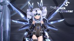Rule 34 | &gt;:), 10s, 1girl, 3d, aqua eyes, bare shoulders, black gloves, black sister, blush, character name, choujigen game neptune mk2, clenched hands, closed mouth, covered navel, cowboy shot, drill hair, elbow gloves, english text, flat chest, forehead protector, gloves, gs-mantis, halterneck, headgear, highres, leotard, light smile, long hair, looking at viewer, magical girl, mecha musume, mechanical wings, neptune (series), parted bangs, power symbol, power symbol-shaped pupils, serious, short hair, short twintails, sidelocks, smile, solo, symbol-shaped pupils, thigh gap, thighhighs, turtleneck, twin drills, twintails, uni (neptunia), v-shaped eyebrows, white hair, wings