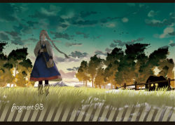 Rule 34 | 1girl, ahoge, bag, bird, boots, braid, cloud, dress, female focus, fence, grass, hairband, handbag, highres, house, landscape, letterboxed, long hair, looking at viewer, md5 mismatch, original, resolution mismatch, satchel, sime (echo), sky, snow, solo, source smaller, sweater, tree, twilight, twin braids, twintails, white hair