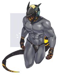 Rule 34 | 1boy, abs, protagonist (pso2), bara, black male underwear, black skin, colored skin, cropped legs, cyborg, glowing, grey background, hakidashi 11, large pectorals, male focus, male underwear, masked, mechanical arms, mechanical tail, muscular, muscular male, navel, notice lines, pectorals, phantasy star, phantasy star online 2, robot ears, simple background, solo, tail, thick thighs, thighs, thong, underwear, underwear only, white background