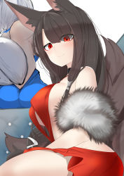Rule 34 | 2girls, absurdres, akagi (azur lane), akagi (ruby-laced beauty) (azur lane), akaoni (zumt3548), animal ear fluff, animal ears, ass, azur lane, backless dress, backless outfit, bare back, blue dress, breasts, brown hair, brown tail, cocktail dress, dress, evening gown, from behind, from side, halter dress, halterneck, highres, kaga (azur lane), kaga (exalted white wings) (azur lane), kitsune, large breasts, large tail, long hair, looking at viewer, multiple girls, multiple tails, official alternate costume, red dress, red eyes, tail, white hair, white tail