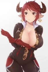Rule 34 | 1girl, adjusting clothes, adjusting gloves, animal print, black bodysuit, bodysuit, breasts, brown eyes, closed mouth, collarbone, commentary request, contrapposto, cowboy shot, cross, cross earrings, earrings, elbow gloves, gloves, granblue fantasy, grey background, horns, jewelry, large breasts, leopard print, long hair, moshoko (mizuneroku), pointy ears, red gloves, red hair, shiny clothes, short hair, simple background, skin tight, solo, standing, sturm (granblue fantasy), tsurime, v-shaped eyebrows