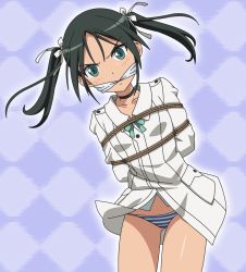 Rule 34 | 1girl, angry, bdsm, black choker, black neckwear, blush, bondage, bound, breasts, checkered background, choker, collarbone, eyebrows, francesca lucchini, gag, green eyes, green hair, hair ornament, hair ribbon, highres, looking at viewer, military, military uniform, panties, ribbon, shaneko, shiny skin, small breasts, solo, strike witches, striped clothes, striped panties, twintails, underwear, uniform, world witches series