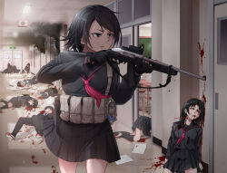 Rule 34 | 4boys, 6+girls, against wall, aiming, arms up, belt, belt pouch, black gloves, black hair, black jacket, black pants, black sailor collar, black shirt, black skirt, black socks, bleeding, blood, blood on clothes, blood on face, blood on wall, blood splatter, blouse, blue eyes, blue necktie, bullet hole, ceiling light, chair, chalkboard, classroom, collared shirt, commentary request, corpse, death, desk, door, erikku (kata235), finger on trigger, fingerless gloves, glock, gloves, gun, guro, hallway, handgun, holding, holding gun, holding weapon, holster, indoors, injury, jacket, kneehighs, kneeling, long hair, long sleeves, looking to the side, lying, messy, multiple boys, multiple girls, murder, neckerchief, necktie, on back, on ground, on side, original, outstretched arms, pants, paper, pistol, pleated skirt, pouch, red footwear, red necktie, rifle, ruger 10/22, sailor collar, school, school chair, school desk, school shooting, school uniform, scope, serafuku, shirt, shoes, short hair, short sleeves, sign, sitting, skirt, sliding doors, smoke, socks, solo focus, spread arms, squinting, standing, trigger discipline, utility belt, walking, weapon, weapon request, white footwear, white shirt, wing collar