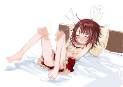 Rule 34 | 1girl, ^ ^, atelier (series), atelier sophie, bare arms, bare legs, bare shoulders, barefoot, bed, bed sheet, blush, brown hair, closed eyes, disembodied limb, lying, medium hair, on back, on bed, panties, pillow, red skirt, skirt, sleeping, solo focus, sophie neuenmuller, speech bubble, sumomo (raviklx50uc2r2d), underwear, white panties, zzz