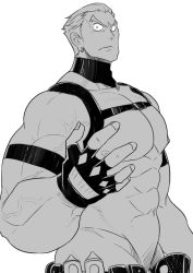 Rule 34 | 1boy, abs, absol (dkqthf), bad id, bad twitter id, bara, bare pectorals, chest harness, fingerless gloves, gamagoori ira, gloves, greyscale, groin, harness, kill la kill, large pectorals, looking at viewer, male focus, monochrome, muscular, muscular male, navel, nipples, pectoral press, pectorals, revealing clothes, short hair, solo, stomach, veins