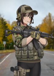 Rule 34 | 1girl, absurdres, ammunition pouch, assault rifle, baseball cap, belt, black gloves, black pantyhose, blurry, blurry background, brown gloves, brown hair, brown hat, camouflage, camouflage jacket, cigarette, collared jacket, commentary, cowboy shot, day, digital camouflage, english commentary, folding stock, gloves, green eyes, green jacket, gun, hair between eyes, handgun, hat, headset, highres, holding, holding gun, holding weapon, holster, holstered, jacket, kalashnikov rifle, keiita, lips, load bearing vest, long bangs, looking at viewer, microphone, mixed-language commentary, mouth hold, optical sight, original, outdoors, pantyhose, parted lips, pouch, rifle, road, road sign, serbo-croatian commentary, short hair, sign, sleeves rolled up, smile, smoking, solo, tactical clothes, teeth, thigh holster, tree, two-tone gloves, utility belt, weapon, zastava m21