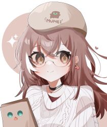 Rule 34 | 1girl, ahoge, beret, berry, black choker, brown eyes, brown hair, character name, choker, crossed bangs, earrings, food-themed earrings, friend (nanashi mumei), glasses, hana20000920, hat, heart, highres, hololive, hololive english, jewelry, long hair, looking at viewer, multicolored hair, nanashi mumei, nanashi mumei (casual), necklace, official alternate costume, red shirt, round eyewear, shirt, simple background, smile, sparkle, streaked hair, sweater, virtual youtuber, white sweater