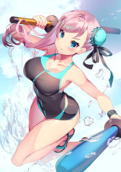 Rule 34 | 1girl, armpits, bare arms, bare legs, bare shoulders, black one-piece swimsuit, black ribbon, blue eyes, blush, breasts, bun cover, cleavage, closed mouth, cloud, collarbone, commentary request, competition swimsuit, dual wielding, fate/grand order, fate (series), floating hair, holding, large breasts, long hair, looking at viewer, miyamoto musashi (fate), miyamoto musashi (swimsuit berserker) (first ascension) (fate), one-piece swimsuit, pink hair, ribbon, slippers, smile, solo, sweatband, swimsuit, thighs, toy sword, v-shaped eyebrows, water, yoshimoto (dear life)