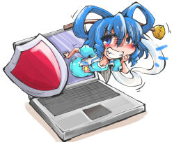 Rule 34 | 1girl, blue dress, blue eyes, blue hair, blush, breasts, cleavage, commentary request, computer, dress, grin, hair ornament, hair rings, hair stick, hand on own cheek, hand on own face, kaku seiga, laptop, looking at viewer, matching hair/eyes, notebook, open clothes, open vest, shawl, shield, shinapuu, small breasts, smile, solo, through medium, through screen, touhou, vest