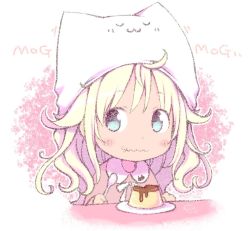 Rule 34 | 1girl, :3, ahoge, animal hat, blonde hair, blue eyes, blush, cat hat, closed eyes, commentary request, eating, food, food on face, hat, holding, holding spoon, kuro (kuroneko no kanzume), long hair, original, pale color, pink shirt, plate, pudding, shirt, solo, spoon, u u, upper body, wavy mouth