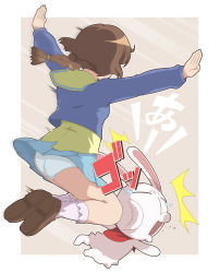 Rule 34 | 1girl, = =, ^^^, ass, blue panties, blue skirt, bobby socks, braid, breasts, brown hair, rabbit, cardigan, closed eyes, fighting stance, highres, ichijou, jumping, ki (adotadot), kneeing, loafers, long hair, long sleeves, mesousa, miniskirt, motion blur, motion lines, open mouth, outstretched arms, pani poni dash!, panties, pantyshot, pleated skirt, ponytail, scarf, school uniform, serafuku, shoes, single braid, skirt, small breasts, socks, speed lines, spread arms, tears, underwear, upskirt, wince