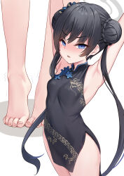 Rule 34 | 1girl, armpits, arms up, bare shoulders, barefoot, black dress, black hair, blue archive, blue eyes, braid, braided bun, breasts, butterfly hair ornament, china dress, chinese clothes, double bun, dragon print, dress, feet, grey eyes, hair bun, hair ornament, halo, highres, kisaki (blue archive), long hair, looking at viewer, milkshakework, multiple views, pelvic curtain, print dress, short dress, side slit, sleeveless, sleeveless dress, small breasts, tiptoes, twintails
