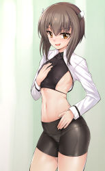 Rule 34 | 10s, 1girl, :d, bike shorts, black panties, black shorts, blush, brown eyes, brown hair, cameltoe, covered erect nipples, cowboy shot, crop top, cropped jacket, fingernails, flat chest, green background, hair between eyes, hand on own chest, headgear, highres, ipuu (el-ane koubou), jacket, kantai collection, long sleeves, looking at viewer, midriff, navel, open mouth, panties, panties over bike shorts, panties under bike shorts, ribs, see-through, shiny clothes, shorts, skin tight, smile, solo, stomach, taihou (kancolle), tongue, underwear, white jacket
