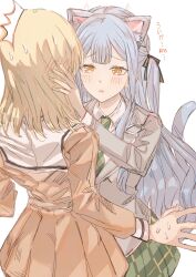 Rule 34 | 2girls, animal ear fluff, animal ears, bang dream!, bang dream! it&#039;s mygo!!!!!, black ribbon, blonde hair, blush, blush visible through hair, brown dress, cat ears, cat girl, cat tail, chinese commentary, collared shirt, commentary request, dress, green necktie, green skirt, grey jacket, hair ribbon, hand on another&#039;s face, haneoka school uniform, highres, jacket, junjun (kimi-la), kemonomimi mode, long hair, long sleeves, looking at another, medium hair, misumi uika, multiple girls, necktie, parted lips, plaid, plaid skirt, pleated skirt, ribbon, sailor collar, school uniform, shirt, simple background, skirt, sparkle, sweatdrop, tail, togawa sakiko, translated, tsukinomori school uniform, two side up, white background, white sailor collar, white shirt, yellow eyes, yuri