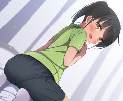 Rule 34 | 1girl, :d, black hair, black shorts, blush, brown eyes, commentary request, dutch angle, from behind, green shirt, hekomii, looking at viewer, looking back, no shoes, open mouth, original, pantylines, shirt, short shorts, short sleeves, shorts, smile, socks, soles, solo, twintails, white socks