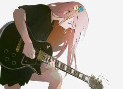 Rule 34 | 1girl, absurdres, black shirt, blue eyes, bocchi the rock!, cube hair ornament, electric guitar, face down, gibson les paul, gotoh hitori, guitar, hair ornament, highres, holding, holding instrument, huimuuu, instrument, long hair, music, one side up, pink hair, playing instrument, shirt, simple background, skirt, solo, standing