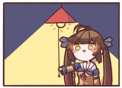 Rule 34 | 1girl, 28 (282teeth), bad id, bad twitter id, blue ribbon, blush, brown hair, chibi, girls&#039; frontline, hair ribbon, light, light bulb, m14 (girls&#039; frontline), off-shoulder jacket, off shoulder, open mouth, ribbon, smile, solo, twintails, yellow eyes