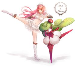 Rule 34 | 1girl, black sleeves, boots, breasts, byuura (sonofelice), character name, cleavage, cleavage cutout, clothing cutout, creatures (company), crossover, detached sleeves, fate/grand order, fate (series), game freak, gen 7 pokemon, gloves, high kick, kicking, long hair, medb (fate), medium breasts, midriff, nintendo, pink hair, pokemon, pokemon (creature), skirt, tsareena, white background, white footwear, white gloves, white skirt, yellow eyes
