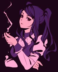 Rule 34 | 1girl, black background, cigarette, jill stingray, long hair, looking at viewer, moshimoshibe, purple hair, red eyes, simple background, smoke, solo, twintails, va-11 hall-a, vest