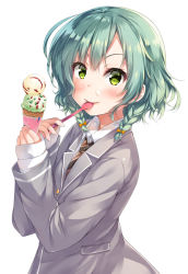 Rule 34 | &gt;:), 1girl, bang dream!, blazer, blush, bow, braid, brown necktie, commentary request, double scoop, eating, food, food on face, from side, green eyes, green hair, grey jacket, hair bow, haneoka school uniform, hikawa hina, ice cream, ice cream cone, jacket, long sleeves, looking at viewer, necktie, school uniform, short hair, side braids, simple background, sleeves past wrists, solo, spoon, striped necktie, striped neckwear, tomo wakui, upper body, white background