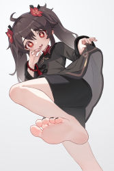 Rule 34 | 1girl, barefoot, blush, brown hair, clothes lift, dress, dress lift, feet, genshin impact, highres, hu tao (genshin impact), long hair, looking at viewer, luelue zi, parted lips, red eyes, simple background, soles, solo, symbol-shaped pupils, toes, twintails, white background