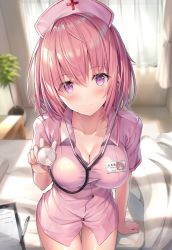 Rule 34 | 1girl, alternate costume, bed, blush, breasts, cleavage, clipboard, closed mouth, collared dress, commentary request, curtains, day, dress, fate/grand order, fate (series), hat, head tilt, highres, holding, holding stethoscope, indoors, large breasts, looking at viewer, mash kyrielight, nurse, nurse cap, pen, pink dress, pink hair, plant, potted plant, purple eyes, rin yuu, short hair, sidelocks, sitting, smile, solo, stethoscope, window