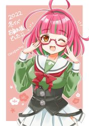 Rule 34 | 1girl, adjusting eyewear, blouse, blush, border, bow, bowtie, cocoperino, corset, cowboy shot, glasses, green hair, green shirt, grey sailor collar, grey skirt, juliet sleeves, kantai collection, long sleeves, looking at viewer, multicolored hair, open mouth, pink-framed eyewear, pink background, pink hair, ponytail, puffy sleeves, red bow, red eyes, sailor collar, sailor shirt, shirt, short hair, skirt, smile, solo, streaked hair, ume (kancolle), white border