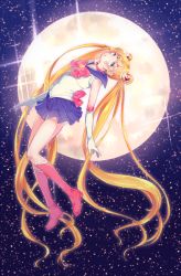 Rule 34 | 1girl, arched back, bishoujo senshi sailor moon, blonde hair, blue eyes, blue sailor collar, blue skirt, boots, bow, brooch, choker, double bun, elbow gloves, floating, full body, full moon, gloves, hair ornament, hairpin, jewelry, knee boots, long hair, magical girl, moon, pleated skirt, red bow, ribbon, sailor collar, sailor moon, skirt, sky, solo, star (sky), starry sky, tiara, tsukino usagi, twintails, white gloves, yun (yuki-62)