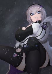 Rule 34 | 1girl, aa-12 (girls&#039; frontline), absurdres, ahoge, bags under eyes, beret, black hat, black legwear, black shorts, black sweater, blue eyes, breasts, candy, choker, cleavage, clothes writing, cowboy shot, eating, food, food in mouth, girls&#039; frontline, gloves, grey background, hair ornament, hat, highres, holding, holding food, hood, hood down, hooded jacket, huge breasts, jacket, knee pads, large breasts, lollipop, looking at viewer, looking down, myuunium, rain, short shorts, shorts, sidelocks, silver hair, simple background, solo, striped, sweater, vertical stripes, white jacket, zipper