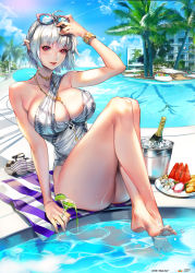 Rule 34 | 1girl, absurdres, ahoge, alcohol, arm at side, ass, bad id, bad pixiv id, bare arms, bare legs, bare shoulders, barefoot, beach towel, blue nails, blue sky, blunt bangs, bottle, bracelet, breasts, building, casual one-piece swimsuit, champagne, cleavage, cloud, cloudy sky, cocktail, cocktail glass, crossed legs, cup, day, drinking glass, eyelashes, eyewear on head, feet, fingernails, food, fruit, glass, glasses, glint, hand on own head, hand to head, highres, hotel, jewelry, knees up, large breasts, legs, legs together, lemon, lemon slice, long fingernails, looking at viewer, milin (orange maru), nail polish, necklace, nose, one-piece swimsuit, original, outdoors, palm tree, parted lips, plate, pointy ears, pool, poolside, qurare magic library, red eyes, ring, sandals, short hair, silver hair, sitting, sky, soles, solo, sunglasses, swimsuit, thick thighs, thighs, toenail polish, toenails, toes, towel, tree, water, water drop, watermelon