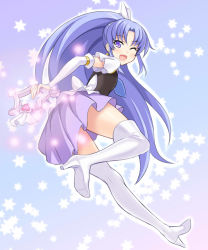 Rule 34 | 10s, 1girl, ;d, arm warmers, bad id, bad pixiv id, blue background, boots, cure fortune, fortune tambourine, full body, happinesscharge precure!, high heel boots, high heels, hikawa iona, long hair, looking back, magical girl, one eye closed, open mouth, precure, purple eyes, purple hair, purple skirt, skirt, smile, solo, star (symbol), thigh boots, thighhighs, very long hair, violetshit, white thighhighs, wide ponytail